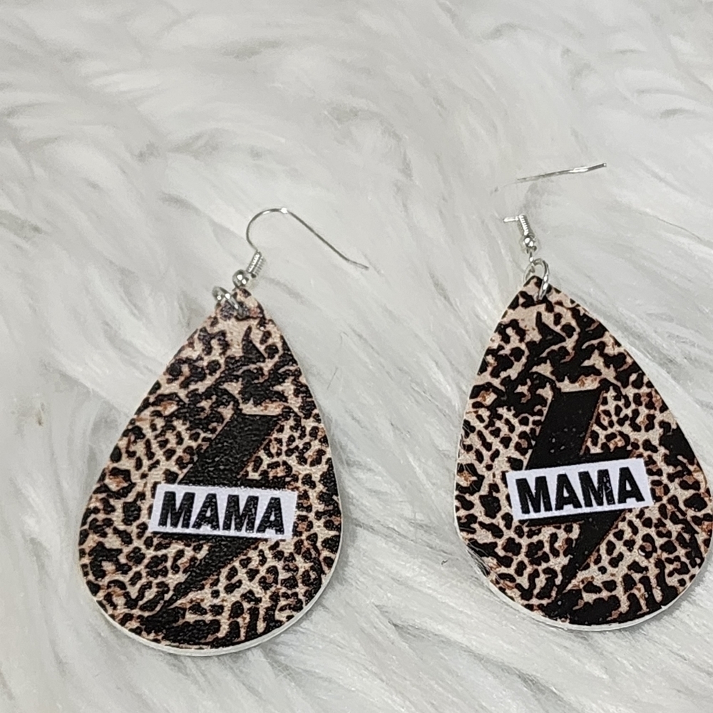 MAMA Lighting Bolt Leopard Print Dangle Earrings
